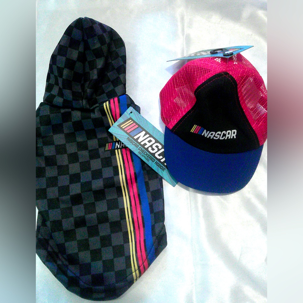 NASCAR Checkered Hoodie, Trucker Hat, Dog Toy (XS)